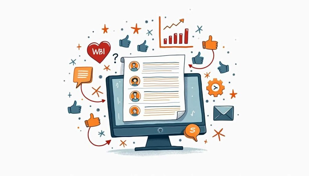 An abstract representation of a digital survey interface surrounded by icons symbolizing feedback